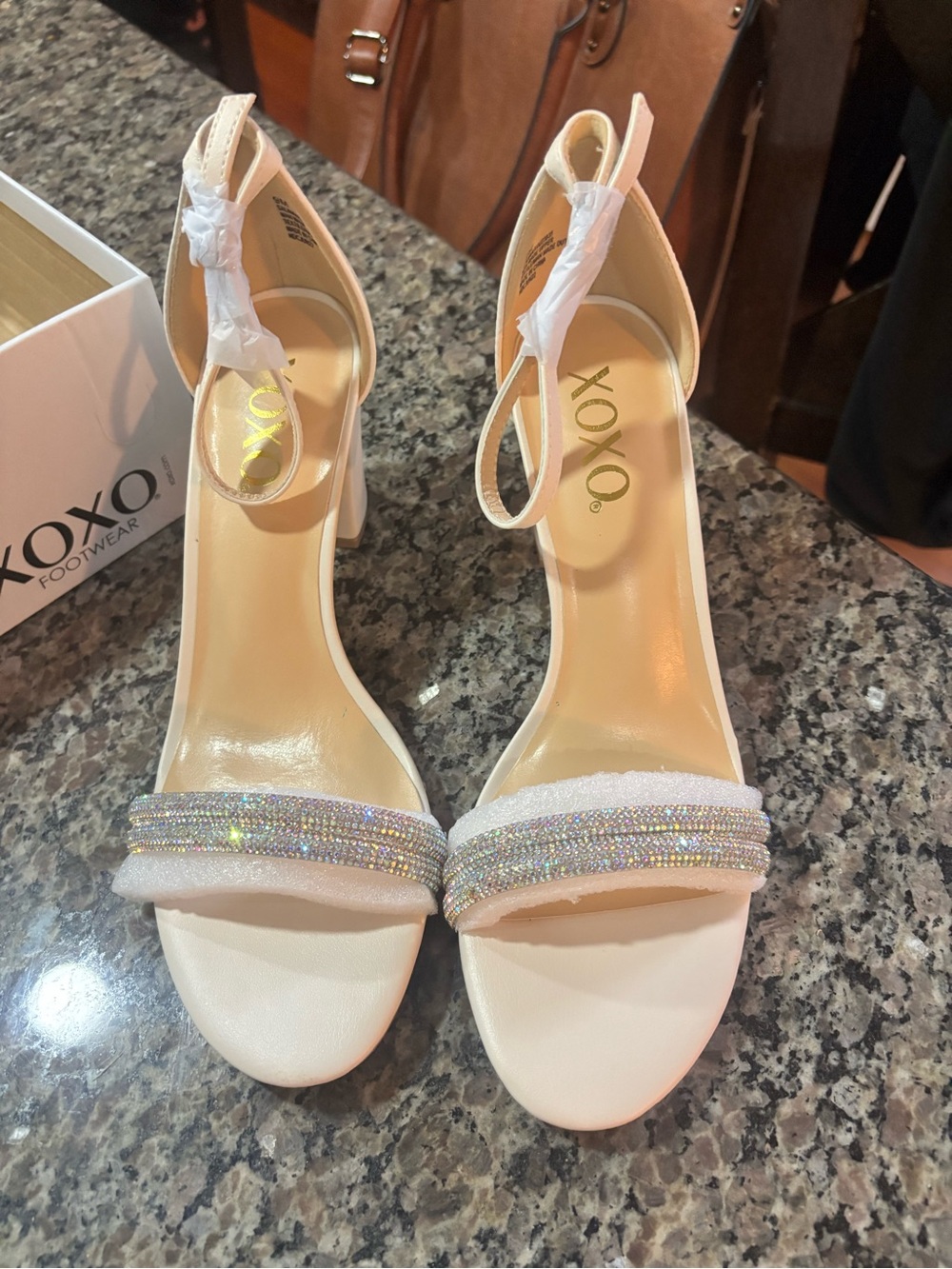 XOXO Ivory Crystal Strap Block Heel Sandals